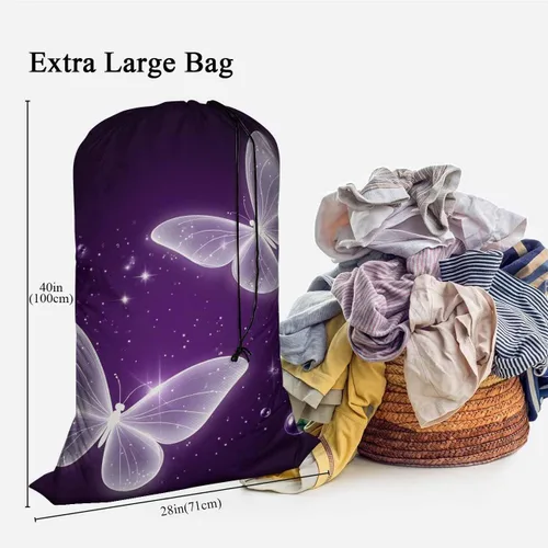 Miniatura 3 de Swono Bolsas de lavandería con diseño de mariposas moradas de 28 x 40 pulgadas, cesta de lavandería mágica con destellos de animales voladores