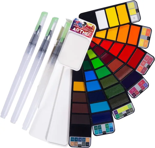 Juego de pintura de acuarela, 42 colores surtidos con 3 pinceles, juego de bocetos de campo de acuarela plegable perfecto para pintura al aire libre