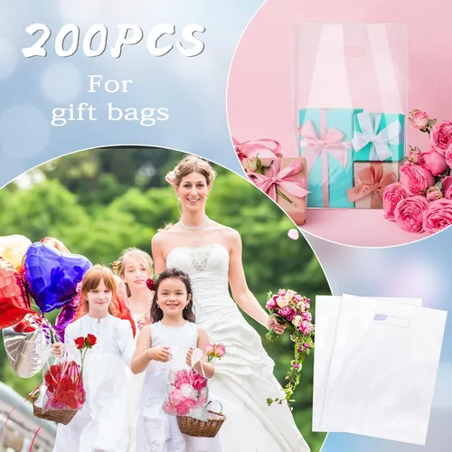 Miniatura 6 de Sinmoe Paquete de 200 bolsas de plástico con asas, mercancía de plástico a granel con mango troquelado, bolsas de regalo de LDPE para pequeñas