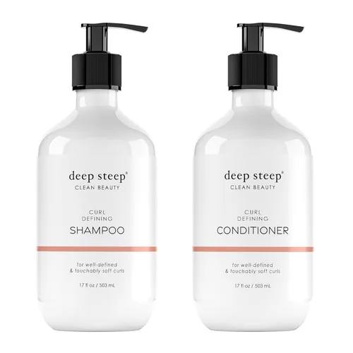 Deep Steep Curl Defining Shampoo & Conditioner, 17 oz – Champú hidratante con manteca de karité, aloe vera, proteína de arroz, aceite de menta – Sin