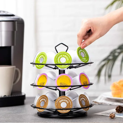 Miniatura 8 de FlagShip Carrusel para tazas K de 3 niveles para soporte de cápsulas Keurig de metal, instalación de bricolaje, pequeño para almacenamiento