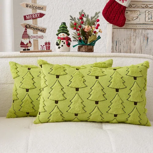 Miniatura 29 de Kevin Textile - Fundas de almohada con diseño de árbol de Navidad de 16 x 16 pulgadas, juego de 2, bordado de lujo, felpa suave, piel sintética