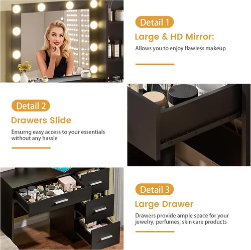 Miniatura 7 de Escritorio de tocador con espejo iluminado, tocador negro con 4 cajones, tocador de maquillaje con estantes de almacenamiento y toma de corriente