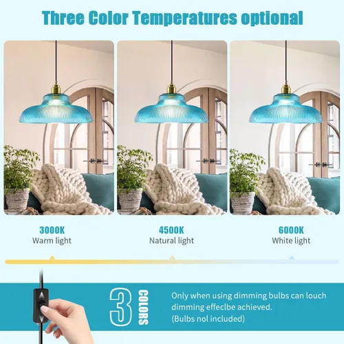 Miniatura 6 de Lámpara colgante enchufable de cristal azul, lámpara colgante dorada de altura ajustable con interruptor de encendido/apagado de cable de 14.7 pies