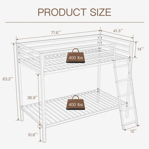 Miniatura 2 de ikalido Cama Litera de Metal Tipo Loft Tamaño Twin sobre Twin con Barandilla de Seguridad y Escalera, No Necesita Somier, Muebles de Dormitorio que