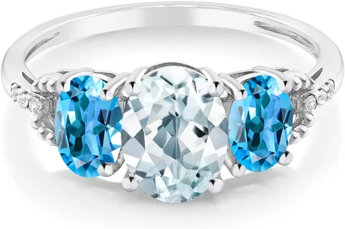 Miniatura 2 de Gem Stone King Anillo de compromiso ovalado de oro blanco de 10 quilates, azul cielo, aguamarina, topacio azul suizo y acento de diamantes de 3