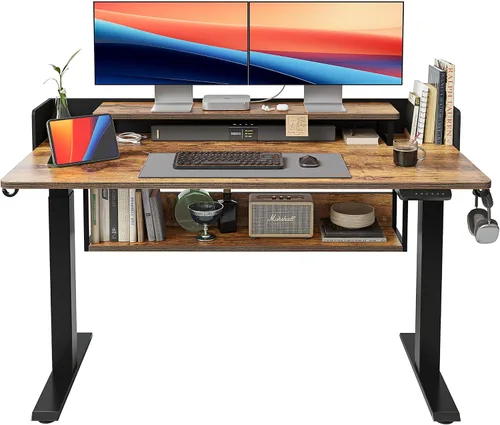 Miniatura 14 de FEZIBO Escritorio de pie de 48 x 24 pulgadas con altura ajustable, escritorio eléctrico de pie con doble cajón, escritorio de oficina en casa con 4