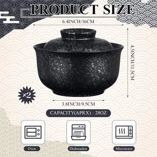 Miniatura 2 de SiliFine Juego de 2 cuencos de cerámica para ramen con tapa, olla de arcilla para microondas de 25 onzas, vajilla tradicional japonesa, olla