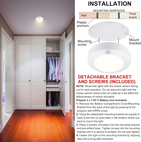 Miniatura 5 de Luz con sensor de movimiento, luz de techo alimentada por batería, luz superior para interiores, sensor de movimiento inalámbrico, iluminación LED