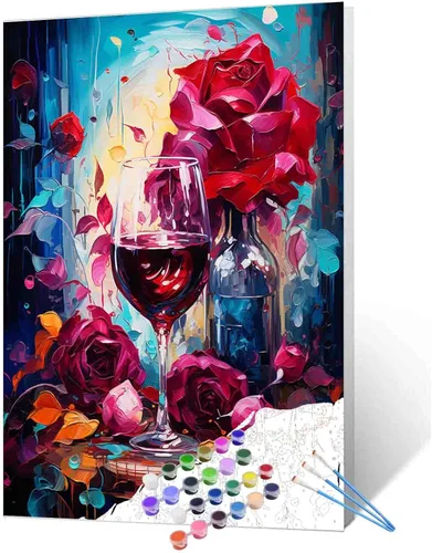 Miniatura 23 de Pintura de fiesta de vino tinto por números para adultos principiantes, vino vintage en vidrio, pintura por números, pintura acrílica, lienzo