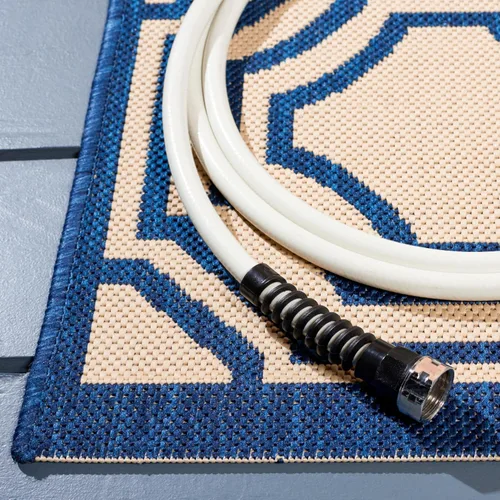 Miniatura 4 de SAFAVIEH Alfombra lavable para exteriores, colección Patio de 2.3 x 6.7 pies, beige y azul marino, no desprende pelusa y es fácil de limpiar, ideal