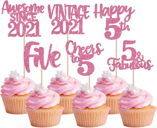 Miniatura 73 de Rsstarxi Paquete de 24 adornos para cupcakes vintage 2019 con purpurina negra para 5º cumpleaños, saludos a 5, cinco, 5, 5 fabulosos para cupcakes