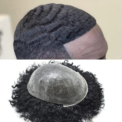 Miniatura 7 de Afro Toupee para hombres negros, piel de polietileno completa, onda de inyección de poliuretano, sistema de repuesto de cabello humano afroamericano