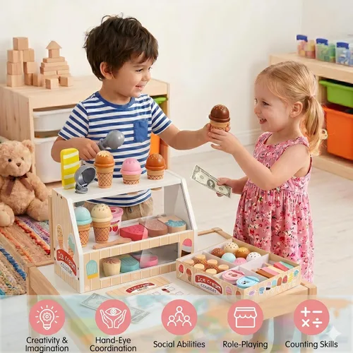 Miniatura 3 de WHOHOLL Juguetes de helado de madera para niños, juguete de simulación para niños pequeños, accesorios de cocina con cuchara, menú, juego de helado