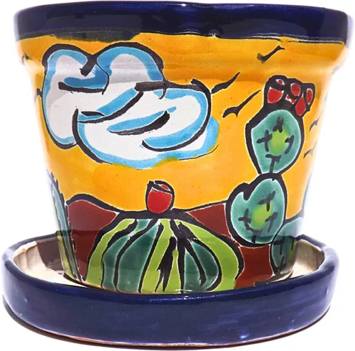 Miniatura 3 de Talavera - Macetas de cerámica mexicana con platillo Rancherito de 4 pulgadas - Cactus - Maceta de cerámica pintada a mano para interiores
