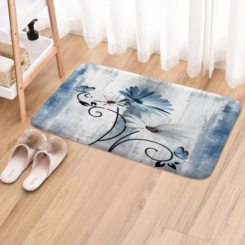 Miniatura 3 de Tapete de baño rústico de granja, diseño de margaritas azules y flores, mariposa, tapete de baño de madera para baño, tapete de baño suave