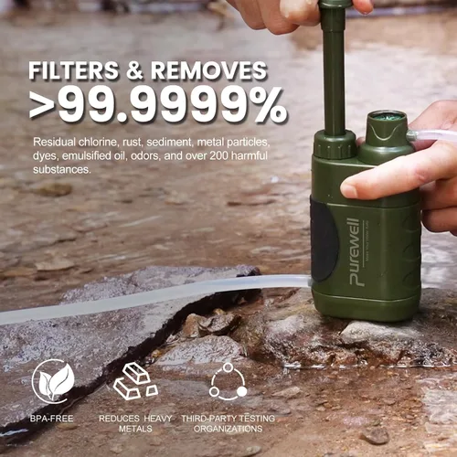 Miniatura 4 de Purewell Bomba purificadora de mano de agua con carbono reemplazable de 0.01 micrones, etapas, equipo portátil de emergencia y supervivencia al aire