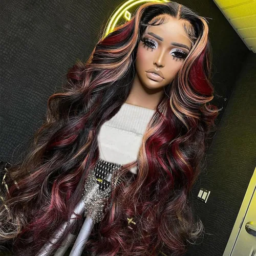 Miniatura 10 de abgese Peluca de cabello humano ondulado con reflejos rojos, pelucas de cabello humano ondulado con encaje frontal, densidad del 180 %, encaje