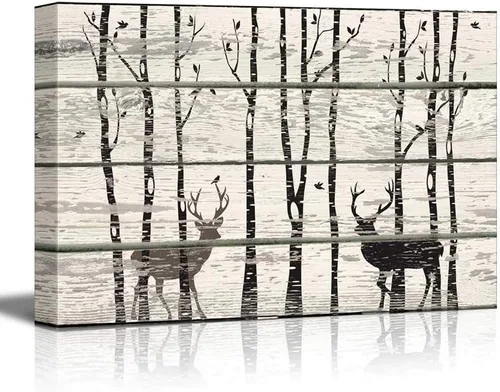 Miniatura 32 de wall26 - Obra de arte con estampado de madera de ciervo en bosque de abedules - Lienzo rústico para pared, arte para el hogar - 16 x 24 pulgadas