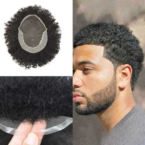 Miniatura 9 de Unidad de cabello de tejido afro para hombres negros, sistema de reemplazo de cabello humano brasileño para hombres africanos estadounidenses encaje