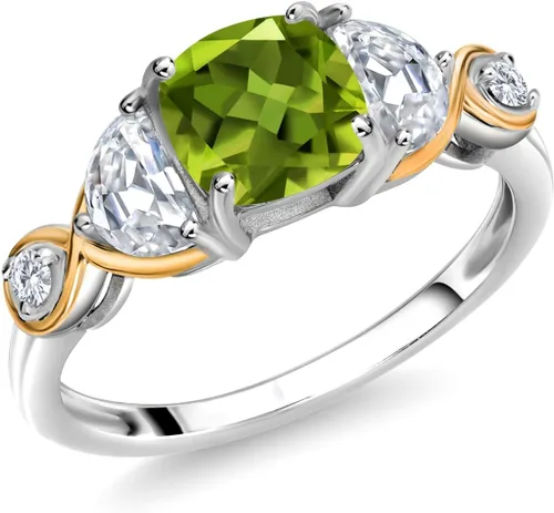 Gem Stone King Anillo de plata 925 y oro amarillo de 10 quilates, con 3 piedras, peridoto y moissanita media luna (1.51 quilates Cttw)