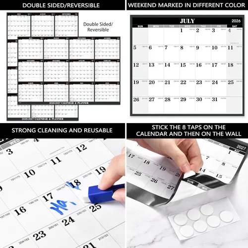 Miniatura 5 de Calendario anual de pared 2026-2027 - Calendario de pared 2026-2027 borrado en seco, julio de 2026 a junio de 2027, 34.6 x 22.9 pulgadas, calendario
