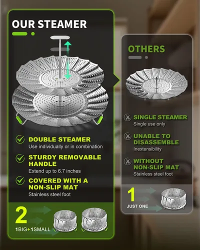 Miniatura 4 de Cesta vaporera de verduras de 2 capas para olla, canasta de vapor de acero inoxidable de alta calidad, canasta separable de acero inoxidable