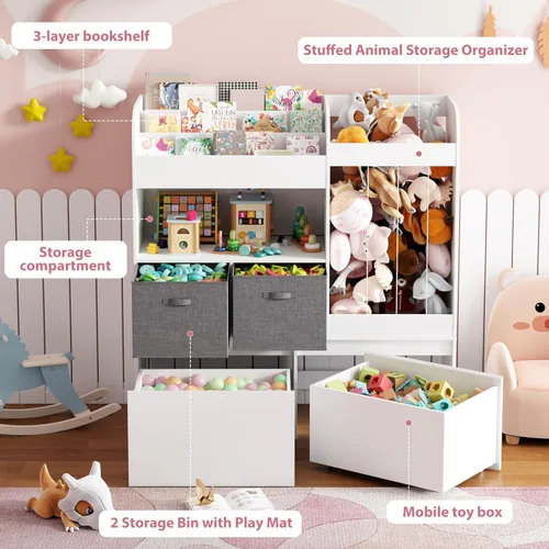 Miniatura 4 de Almacenamiento de juguetes de 42.9 pulgadas, soporte grande para animales de peluche con baúl de juguetes y tapete de juego, organizador de juguetes