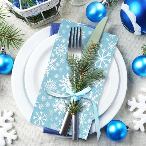 Miniatura 7 de Servilletas de papel desechables de 3 capas de copos de nieve de color azul cielo, servilletas de papel desechables para cena, suministros de fiesta