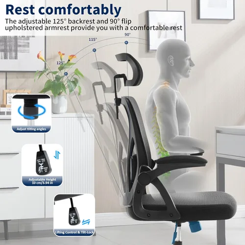 Miniatura 8 de Silla de oficina, silla de escritorio ergonómica con soporte lumbar ajustable, silla de computadora de malla de 400 libras, respaldo alto con Negro