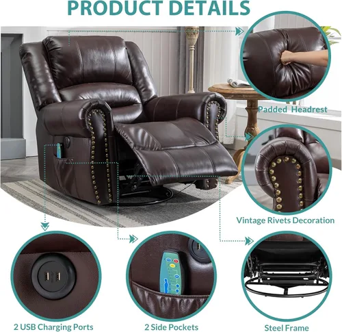 Miniatura 5 de MEETWARM Sillón reclinable giratorio de masaje con calor y vibración, mecedora manual mecedora, silla reclinable giratoria de 360° con control