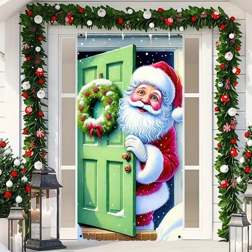 Miniatura 13 de BlissYard Cubierta de puerta de Feliz Navidad de 71 x 35 pulgadas, pancartas para puerta de porche delantero, decoración de invierno, Papá Noel