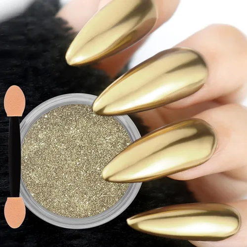 Allstarry Polvo de uñas cromado, dorado champán, efecto espejo metálico, purpurina esmaltada, decoración de manicura, pigmento reflectante para