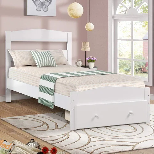 Merax Base de cama individual con cajón de almacenamiento y soporte de listones de madera, sin somier, color blanco