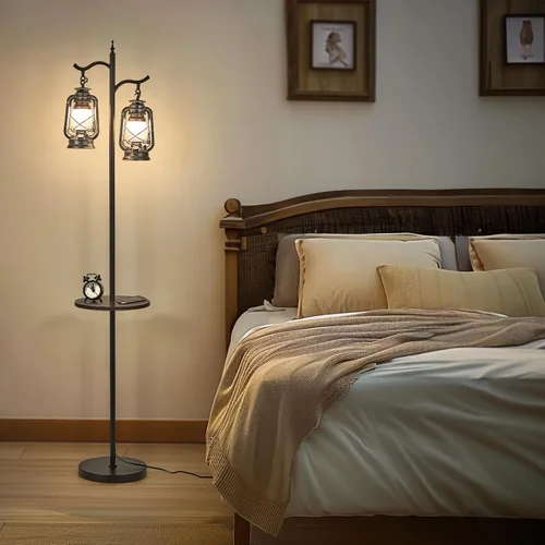 Miniatura 4 de Lámpara de pie estilo granja con mesa, linterna vintage de doble cabezal, lámpara de pie para sala de estar, dormitorio, lámpara de pie rústica