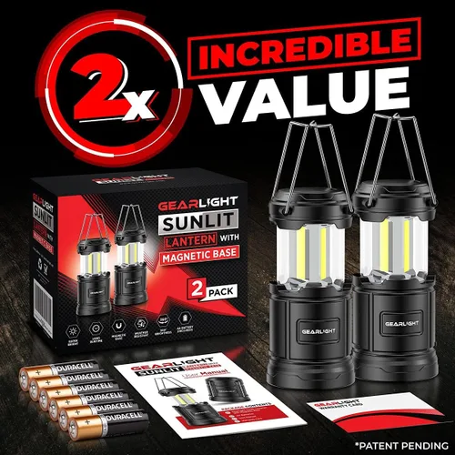 Miniatura 3 de Linterna de camping GearLight - 2 linternas LED portátiles a batería con base magnética y gancho plegable para uso de emergencia o campamentos, kit
