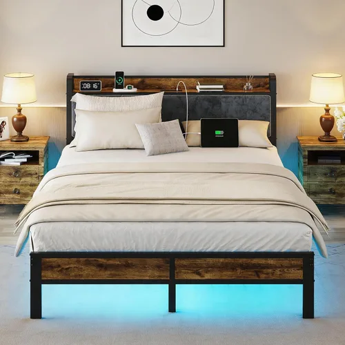 Miniatura 9 de PROTEA Base de cama de tamaño individual con luces LED y estación de carga, cabecera tapizada con almacenamiento, plataforma resistente con listones