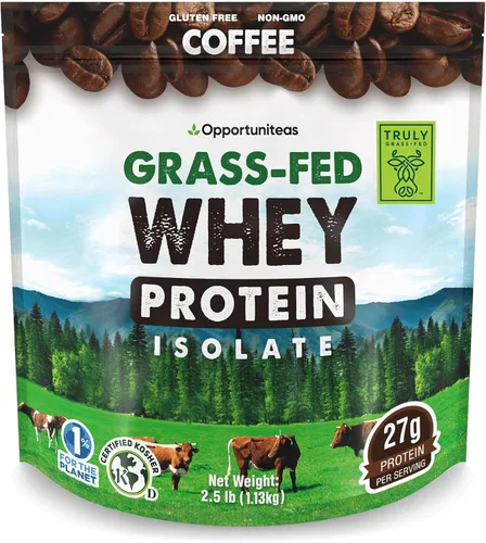 Opportuniteas Proteína de suero aislada en polvo de vacas alimentadas a pasto con café – 27 g de proteína por porción, probada para metales pesados,