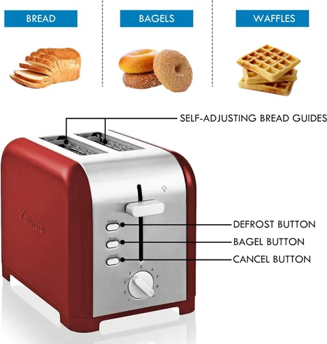 Miniatura 5 de Koolatron Kenmore - Tostadora de 2 rebanadas, acero inoxidable, rojo y plateado, con ranuras extra anchas, guías de pan autoajustables