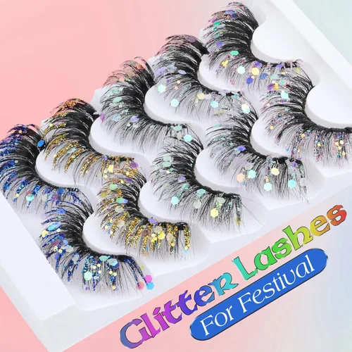 Miniatura 5 de Zegaine Pestañas postizas de colores con purpurina, 5 pares de pestañas dramáticas para festivales de ojo de gato, paquete de 5 estilos