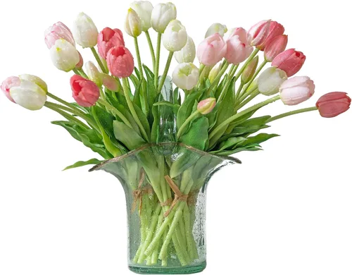 Miniatura 10 de DUYONE 15 flores de tulipanes artificiales, suave al tacto, realista, ramo de tulipanes de látex para el hogar, oficina, boda, fiesta, decoración