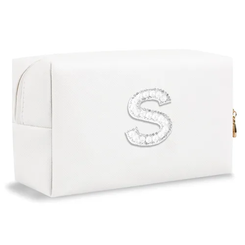 Miniatura 21 de Pequeña bolsa de maquillaje personalizada con inicial A-Z Preppy Patch, bolsa de cosméticos de viaje de felpilla blanca con cremallera, bonita bolsa