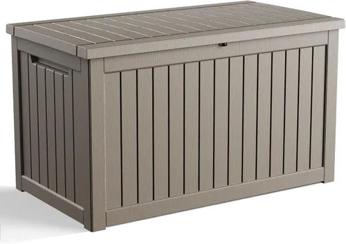 Miniatura 10 de ROJIK Caja de almacenamiento para exteriores, caja de cubierta impermeable de 85 galones, contenedor de almacenamiento exterior de resina resistente