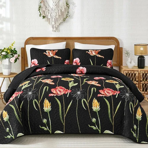 Miniatura 10 de WONGS BEDDING - Juego de edredón floral tamaño Queen, edredón botánico verde y amarillo con 2 fundas de almohada, juego de ropa de cama ligera