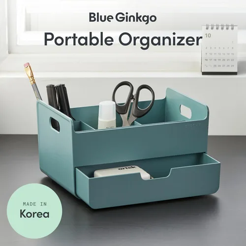 Miniatura 2 de BLUE GINKGO Organizador de escritorio portátil, compacto, 3 compartimentos, almacenamiento de medio cajón, soporte para bolígrafos, organizador