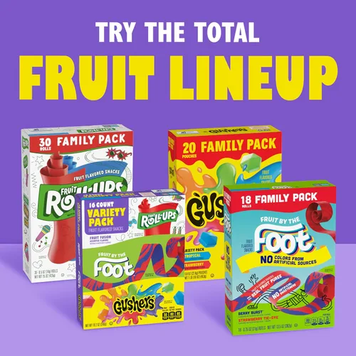 Miniatura 7 de Fruit Roll-Ups, Fruit by the Foot, Gushers Fruit Flavored Snacks paquete variado, sin gluten, 8 unidades, 5.1 onzas (paquete de 8)