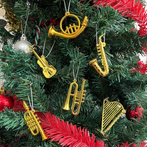 Miniatura 9 de Juego de mini instrumentos musicales en miniatura, adornos dorados para árbol de Navidad, colección de mini instrumentos con guitarra pequeña