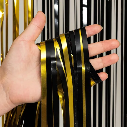 Miniatura 5 de GREATRIL - Decoración de fiesta con serpentinas negras y doradas, fondo de flecos de papel aluminio para Año Nuevo, aniversarios, despedidas