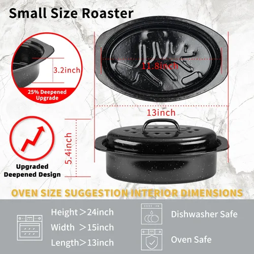 Miniatura 3 de JY COOKMENT Sartén para asar granito, pequeña sartén esmaltada de 13 pulgadas con tapa abovedada. Olla ovalada para pavo, sartén para asar, ideal