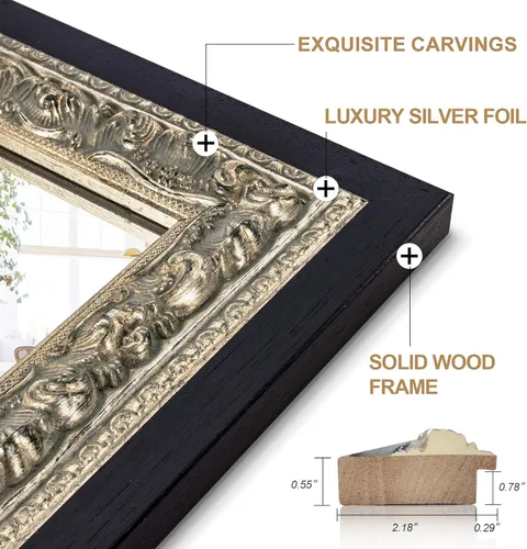 Espejo de baño vintage negro grande, 40 x 28 pulgadas, espejo de pared antiguo para tocador, marco de madera de pétalos de flores de lámina